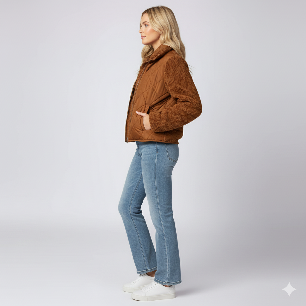 Womens Quilted Jacket Soft Sleeve Zip-Up Outerwear