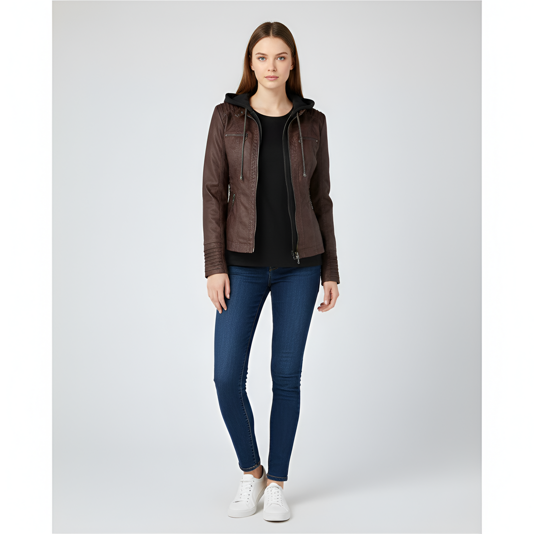 Womens Faux Leather Jacket with Hooded Design - BritishMode
