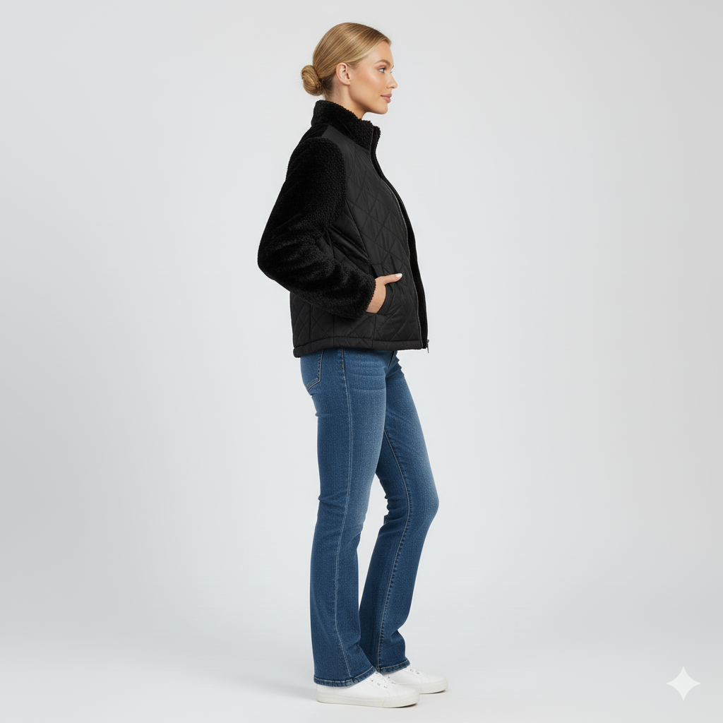 Womens Quilted Jacket Soft Sleeve Zip-Up Outerwear
