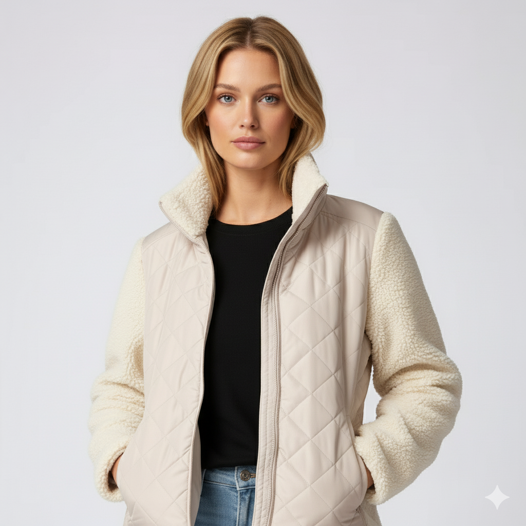 Womens Quilted Jacket Soft Sleeve Zip-Up Outerwear