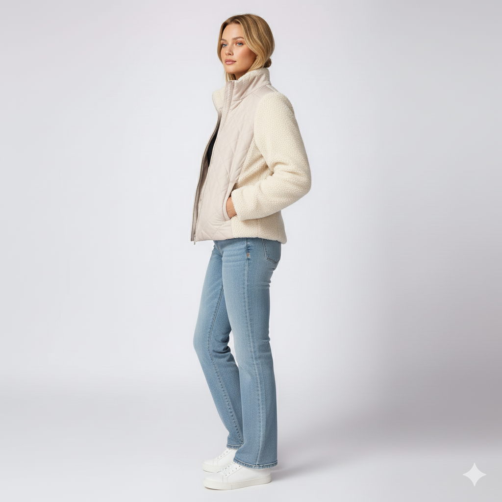 Womens Quilted Jacket Soft Sleeve Zip-Up Outerwear