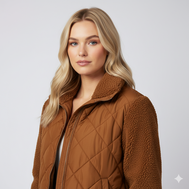 Womens Quilted Jacket Soft Sleeve Zip-Up Outerwear