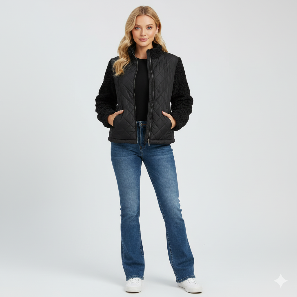 Womens Quilted Jacket Soft Sleeve Zip-Up Outerwear - BritishMode