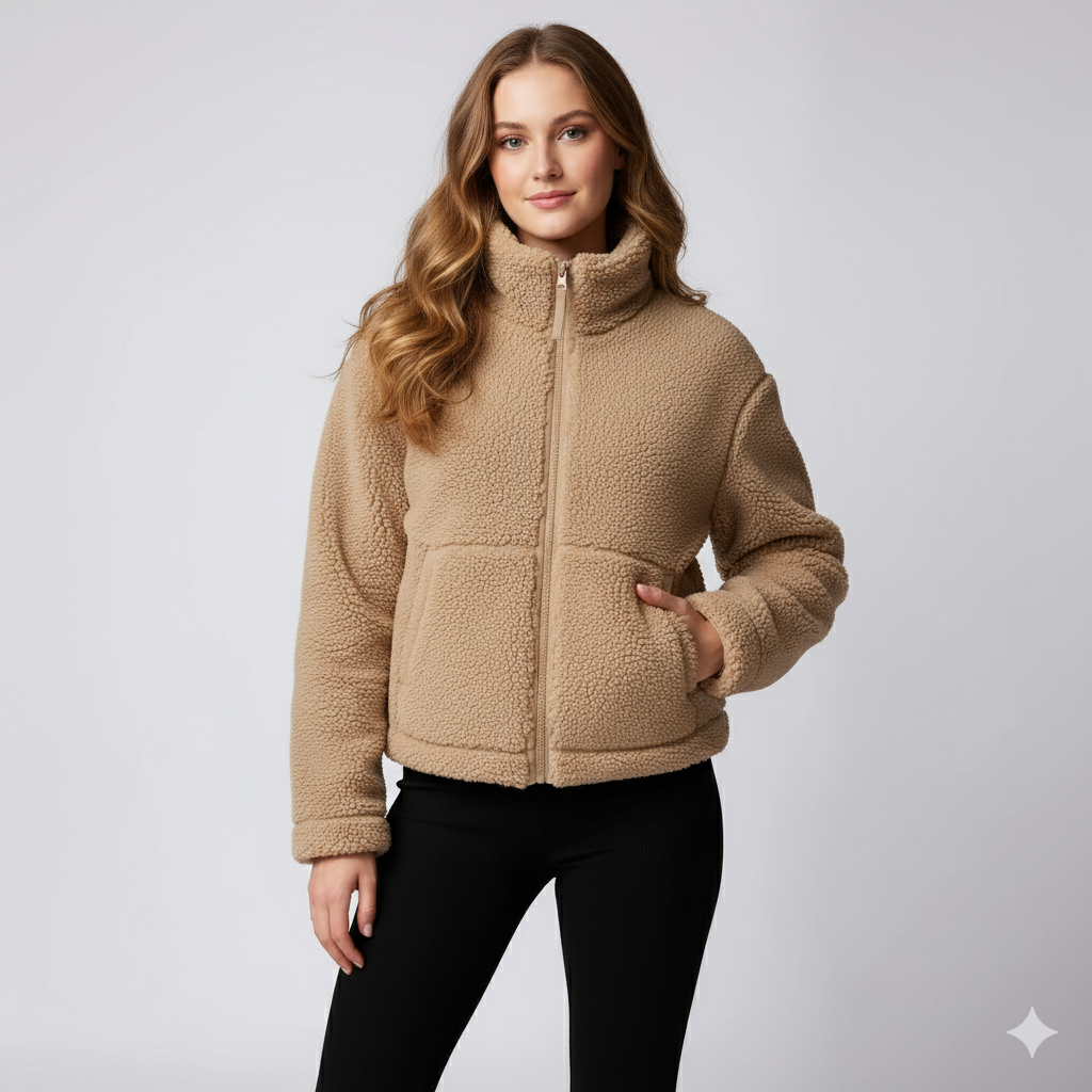 Womens Fleece Jacket Zip-Up Oversized High Collar Outerwear - BritishMode