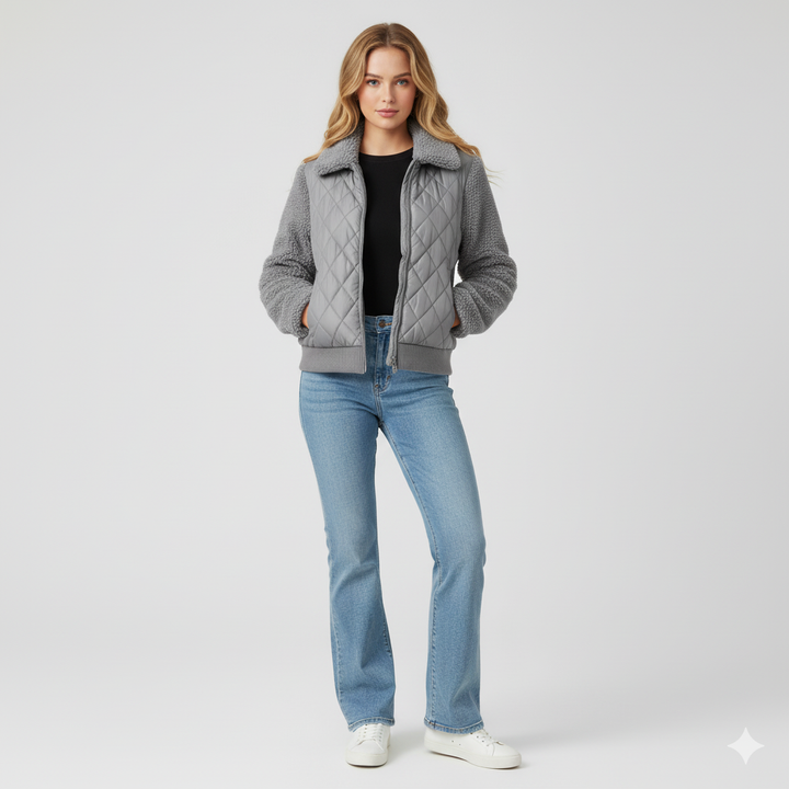 Womens Quilted Jacket Soft Sleeve Zip-Up Outerwear