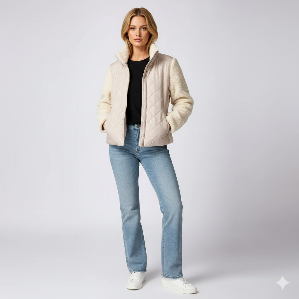 Womens Quilted Jacket Soft Sleeve Zip-Up Outerwear