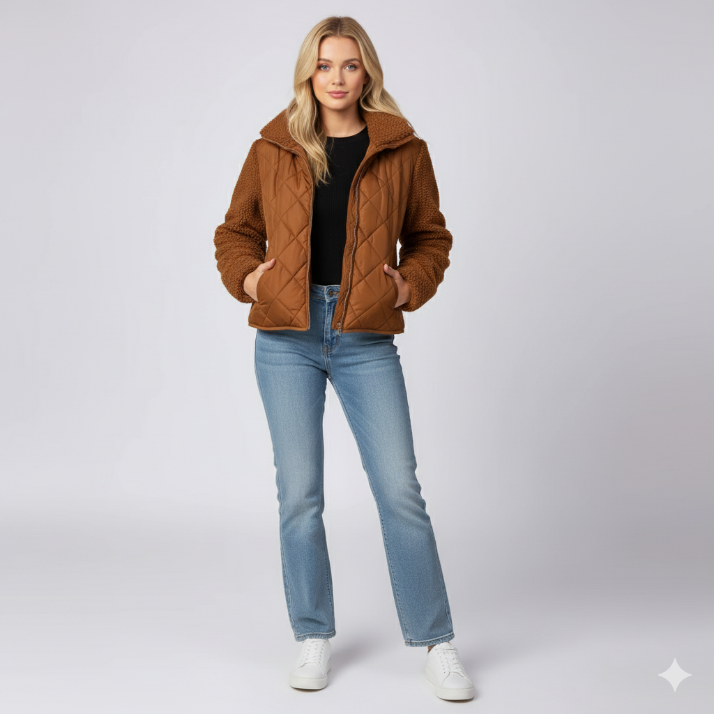 Womens Quilted Jacket Soft Sleeve Zip-Up Outerwear