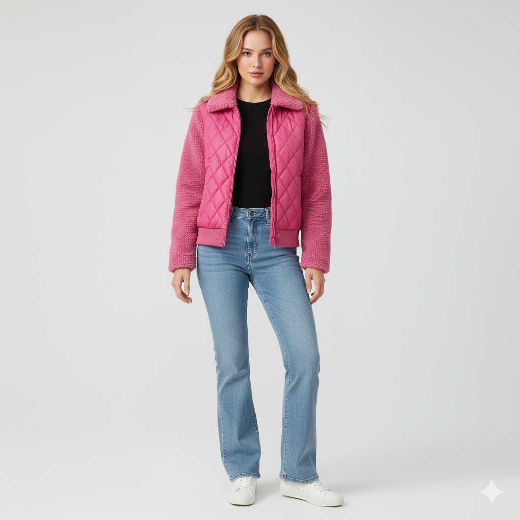 Womens Quilted Jacket Soft Sleeve Zip-Up Outerwear