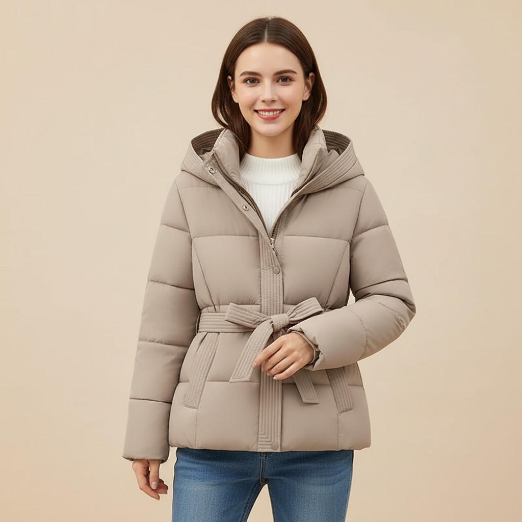 Womens Puffer Jacket with Hood and Belted Waist - BritishMode