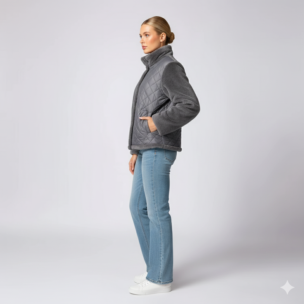 Womens Quilted Jacket Soft Sleeve Zip-Up Outerwear