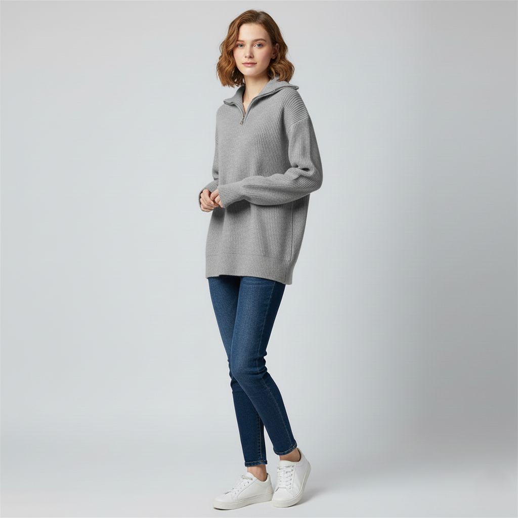 Womens Sweatshirt Ribbed Knit Trim Relaxed Fit High Zip Collar
