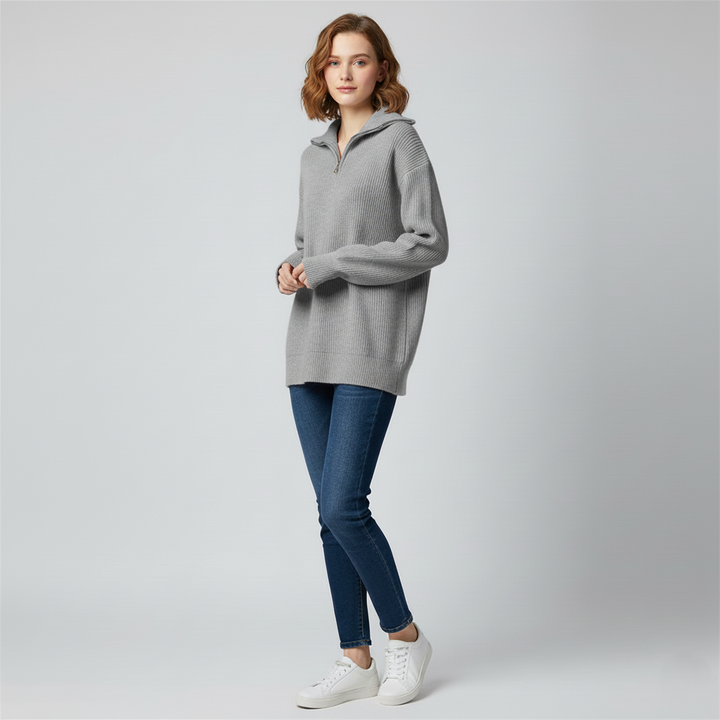 Womens Sweatshirt Ribbed Knit Trim Relaxed Fit High Zip Collar