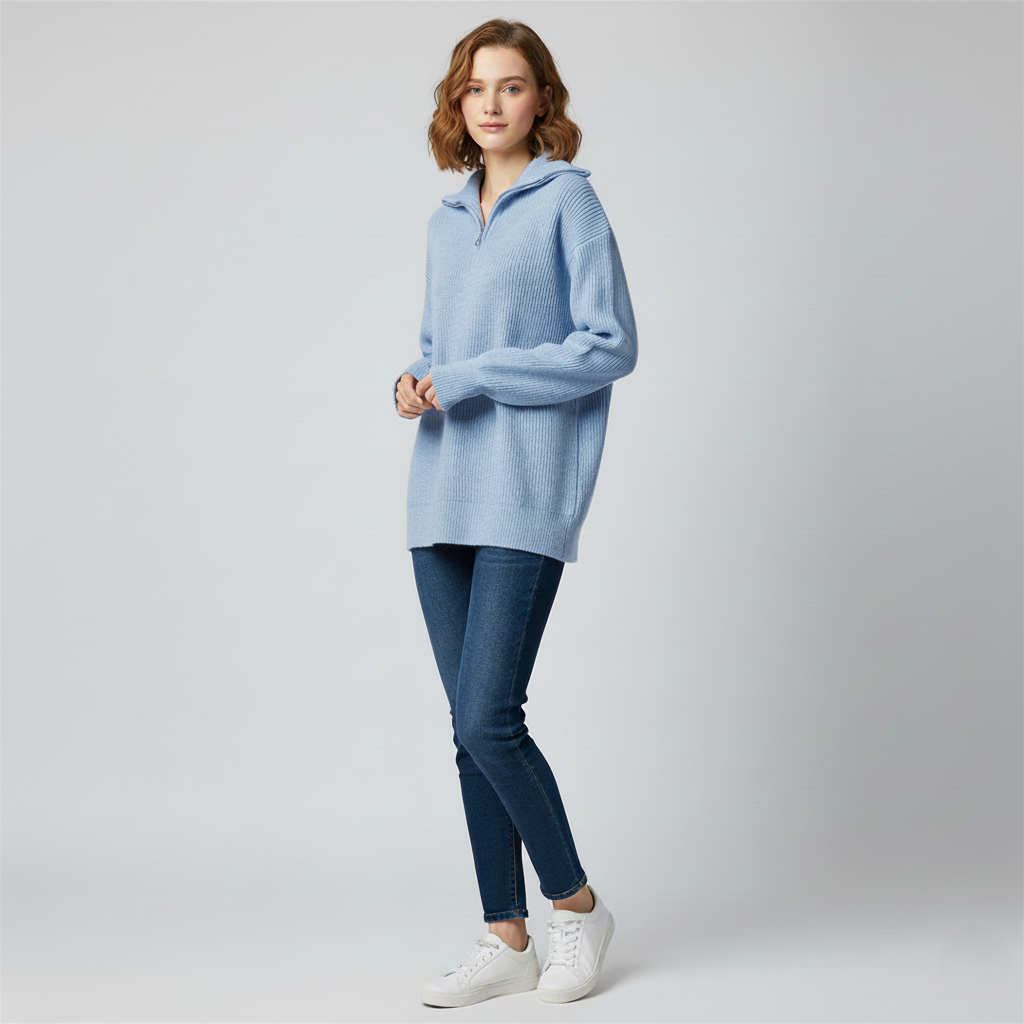 Womens Sweatshirt Ribbed Knit Trim Relaxed Fit High Zip Collar