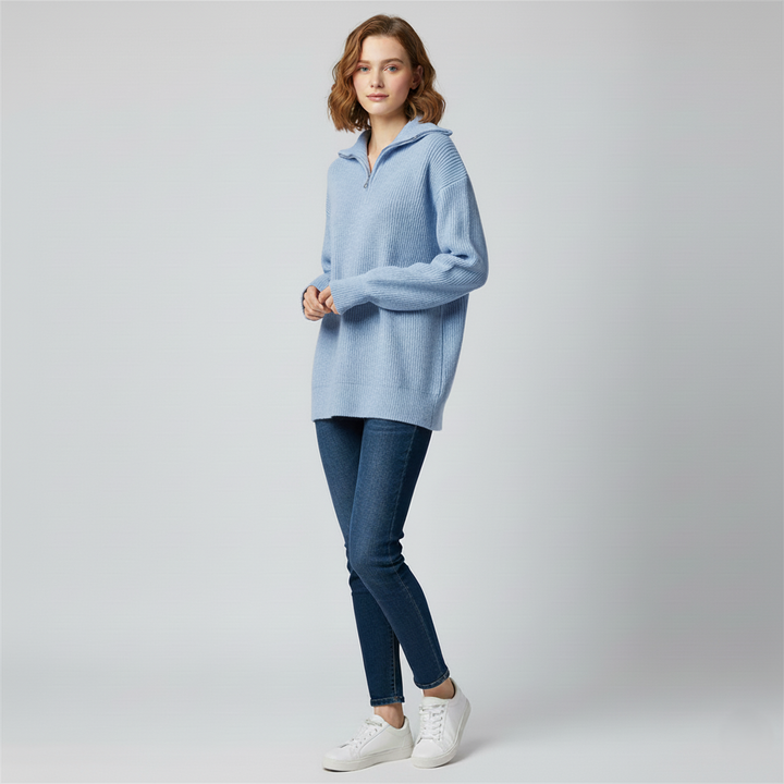 Womens Sweatshirt Ribbed Knit Trim Relaxed Fit High Zip Collar