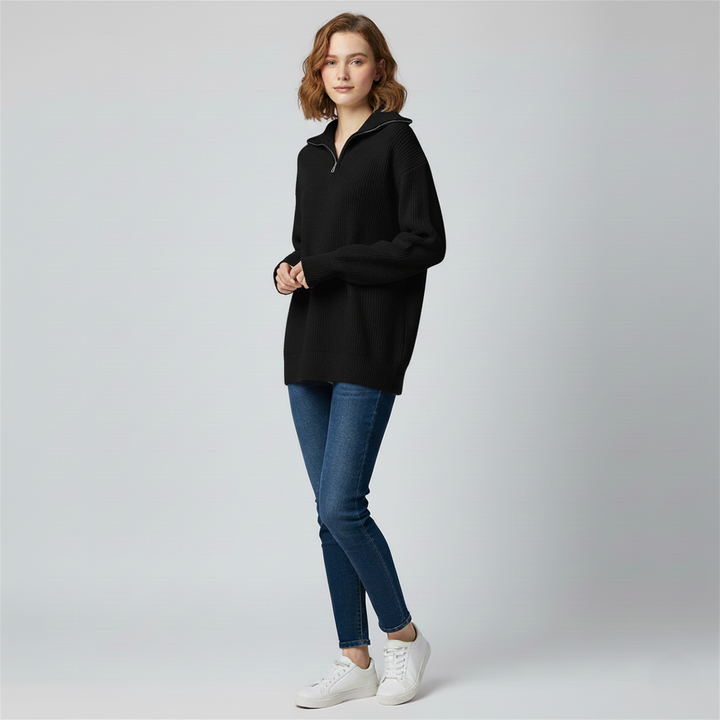 Womens Sweatshirt Ribbed Knit Trim Relaxed Fit High Zip Collar