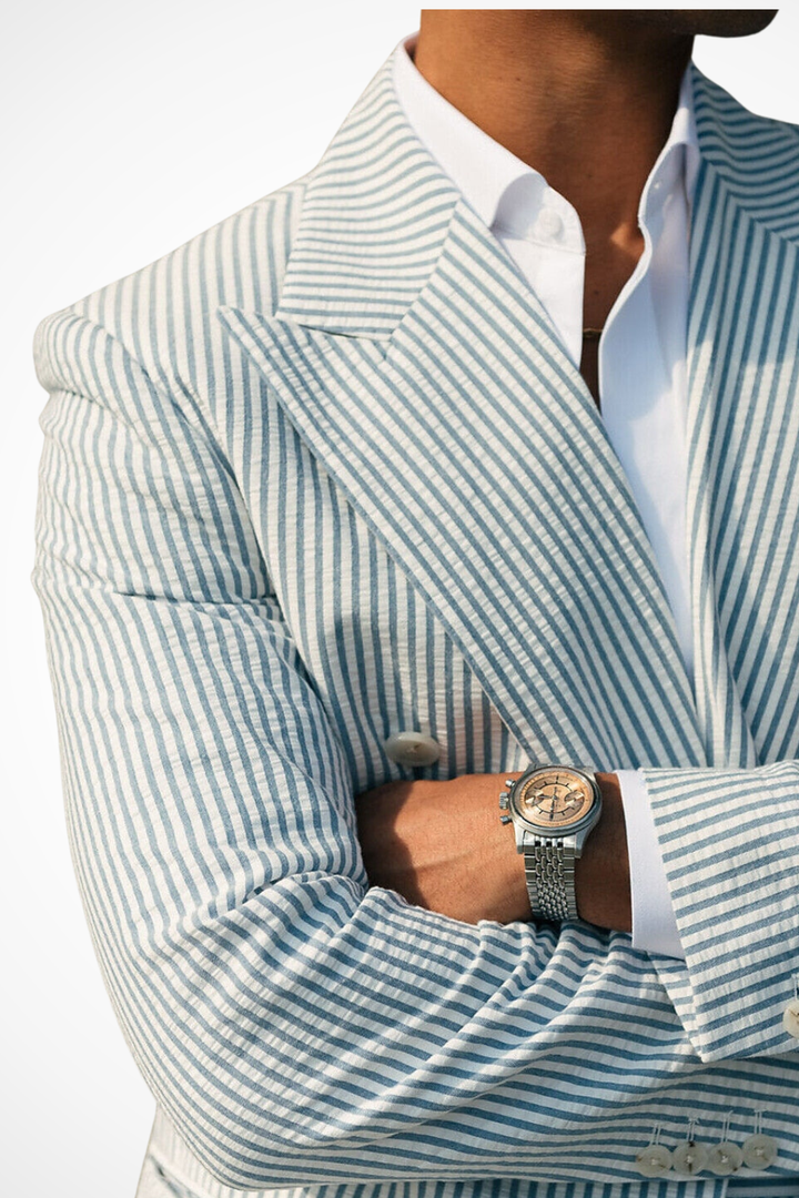 Mens Two-Piece Suit Seersucker Double Breasted Formal
