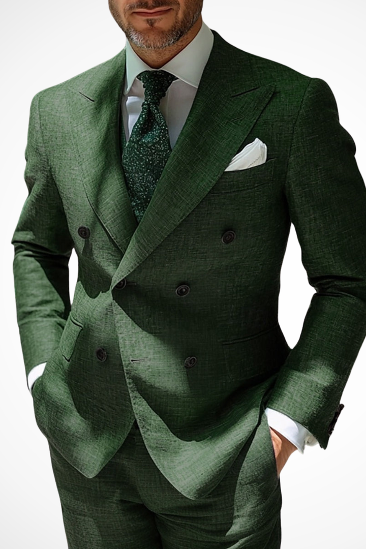 Mens Double Breasted Linen Suit Two Piece Formal Fit