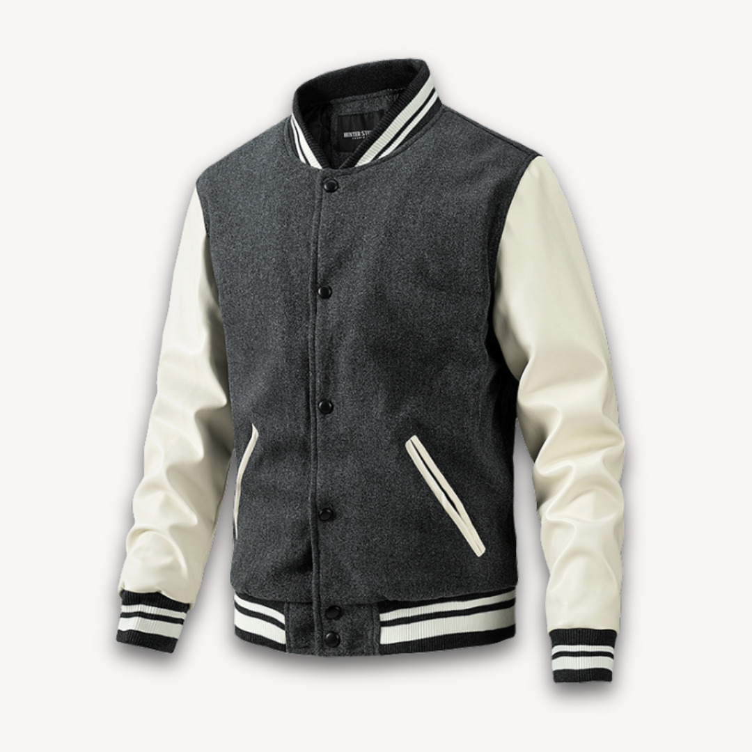 Mens Varsity Jacket Wool Blend with Faux Leather Sleeves Classic Fit