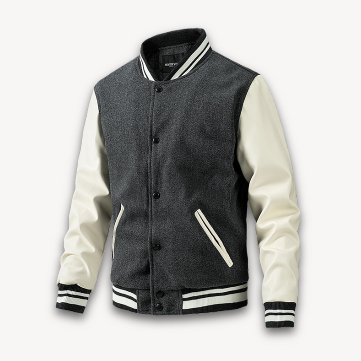 Mens Varsity Jacket Wool Blend with Faux Leather Sleeves Classic Fit