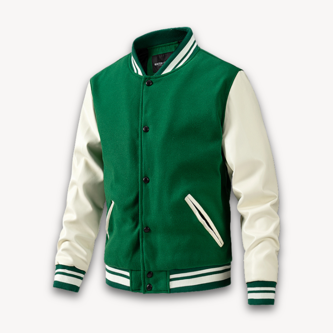 Mens Varsity Jacket Wool Blend with Faux Leather Sleeves Classic Fit
