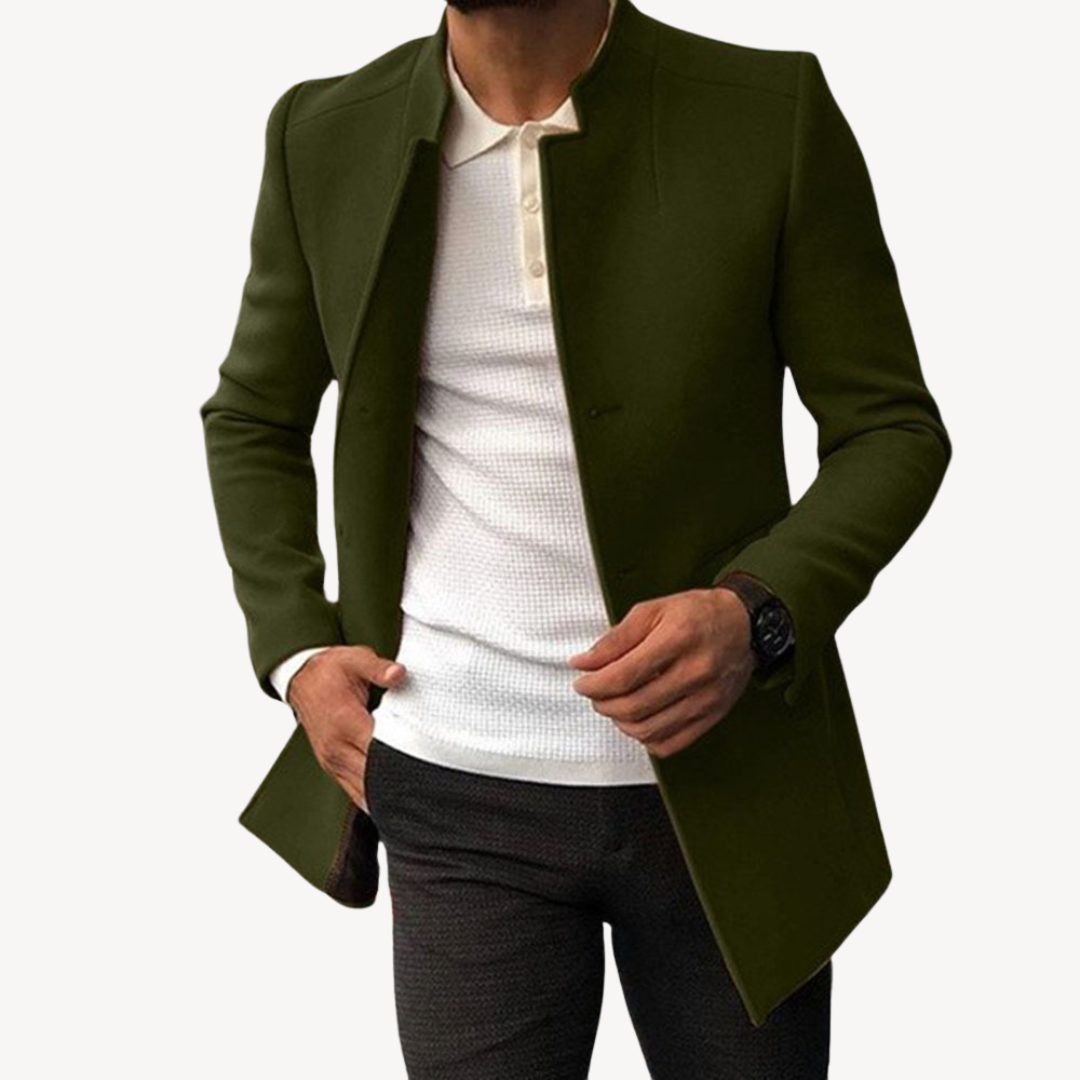 Mens Peacoat Wool Blend Stand Collar Mid Length