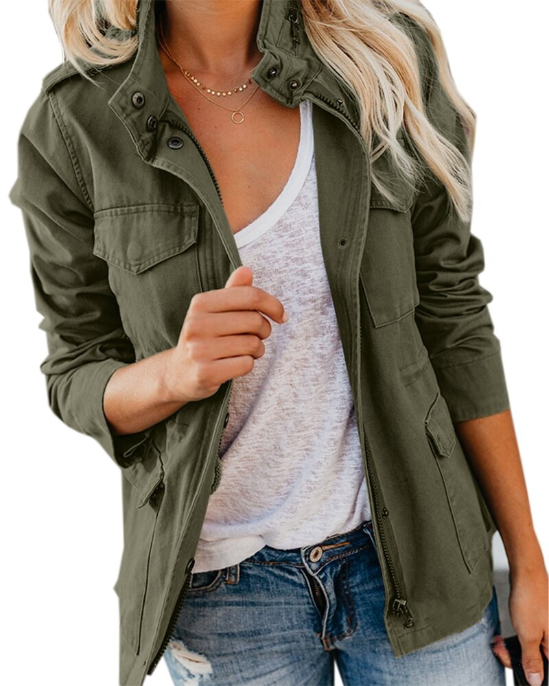 Womens Mid-Length Jacket Cotton Blend with Practical Pockets - BritishMode