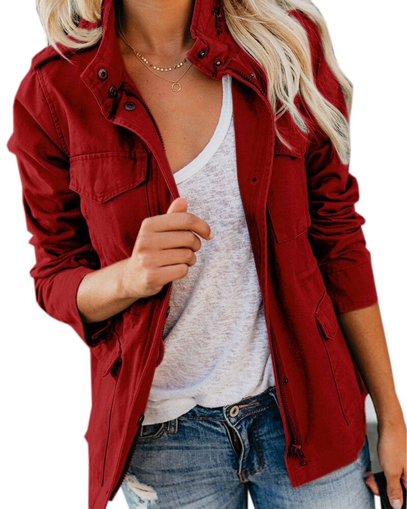 Womens Mid-Length Jacket Cotton Blend Practical Pockets