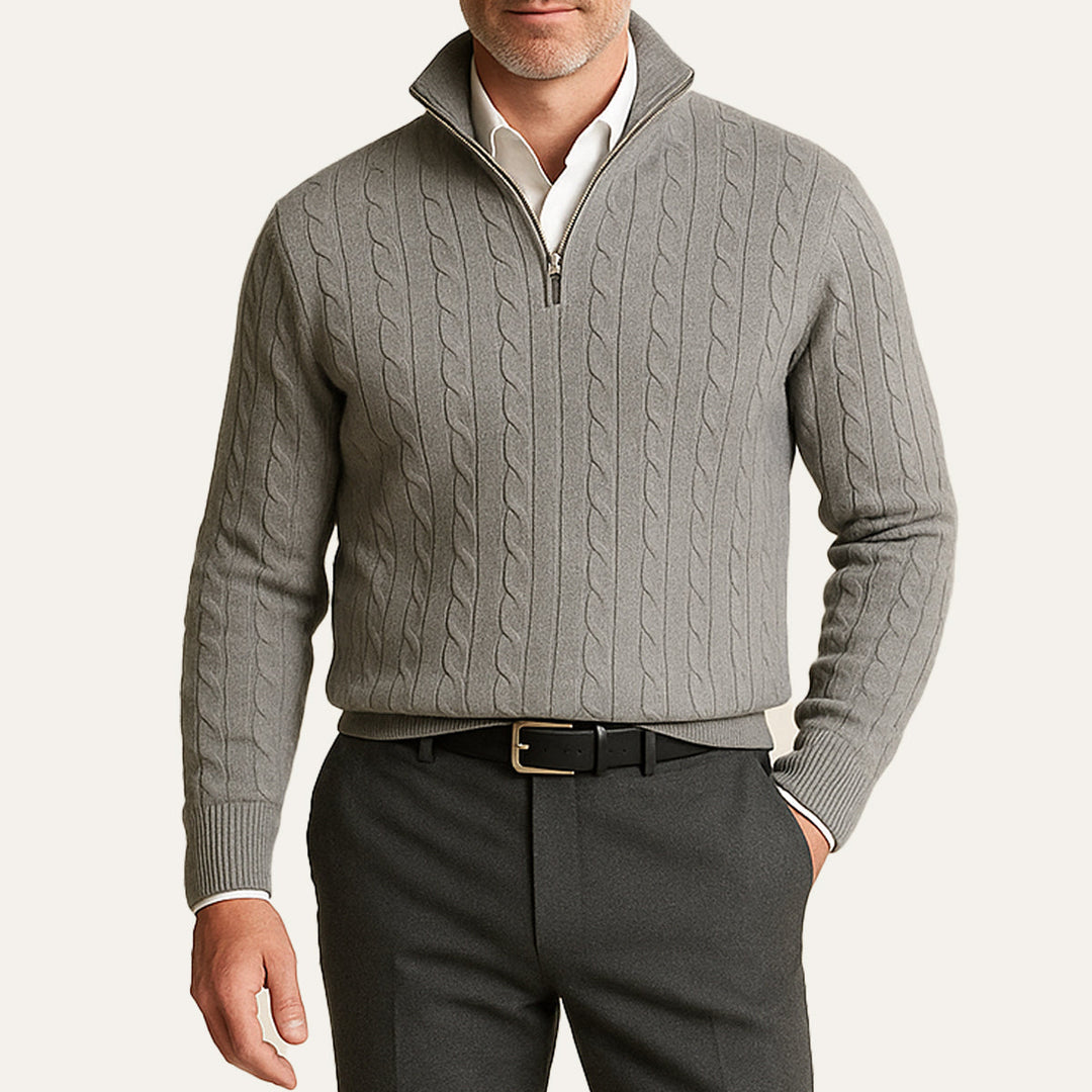 Mens Cable Knit Pullover Quarter Zip Wool Blend
