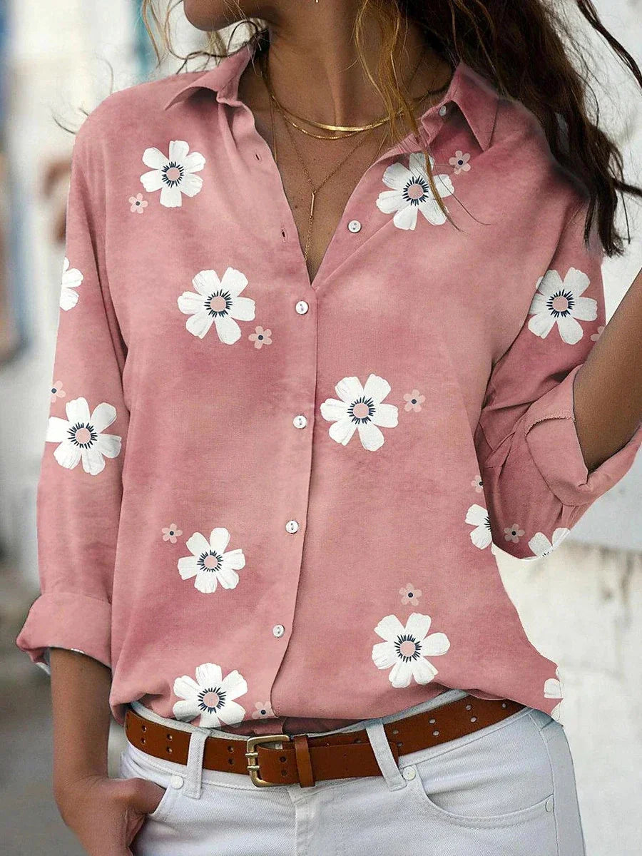 Womens Button-Front Shirt Floral Print Long Sleeve Relaxed Fit - BritishMode