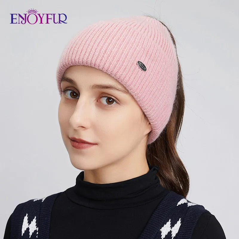 Womens Knitted Ponytail Hat Slouchy Warm