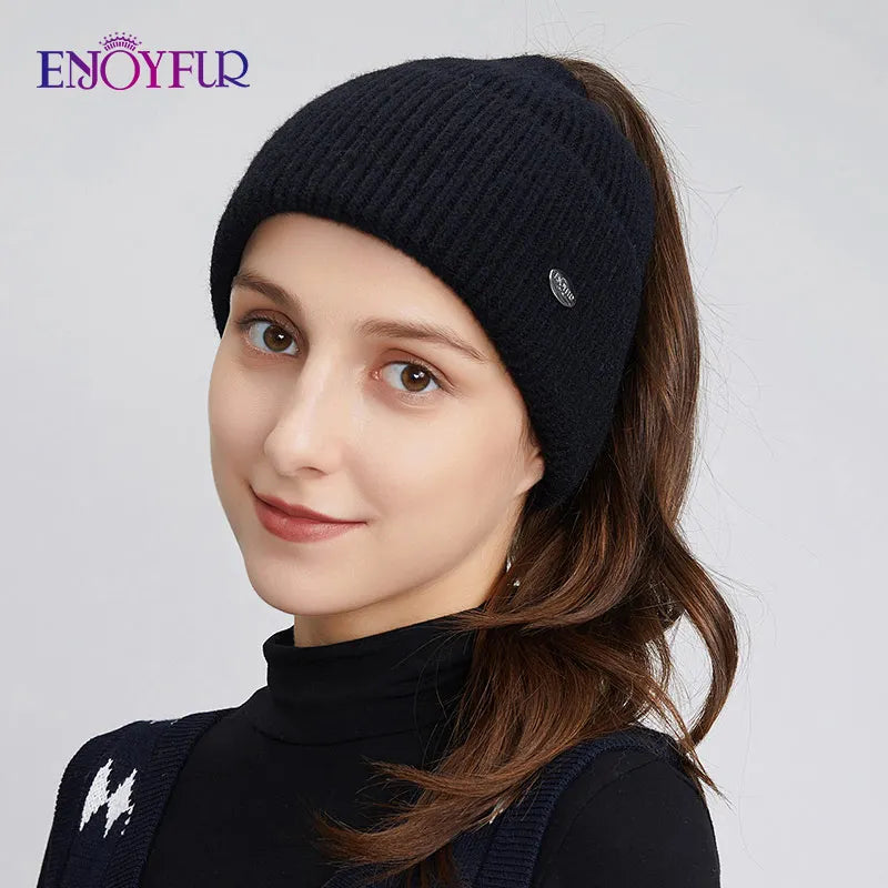 Womens Knitted Ponytail Hat Slouchy Warm