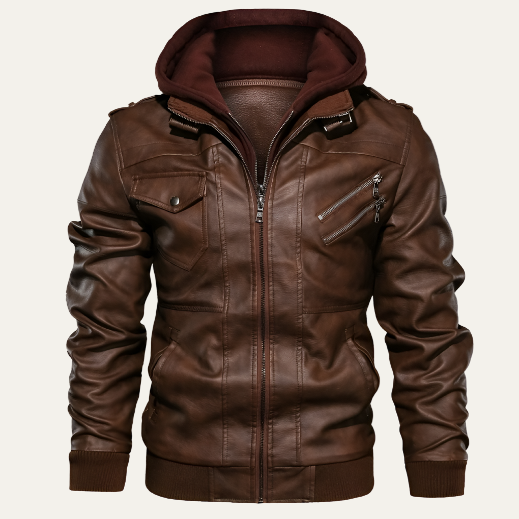 Mens Leather Jacket with Detachable Hood Sleek Fitted