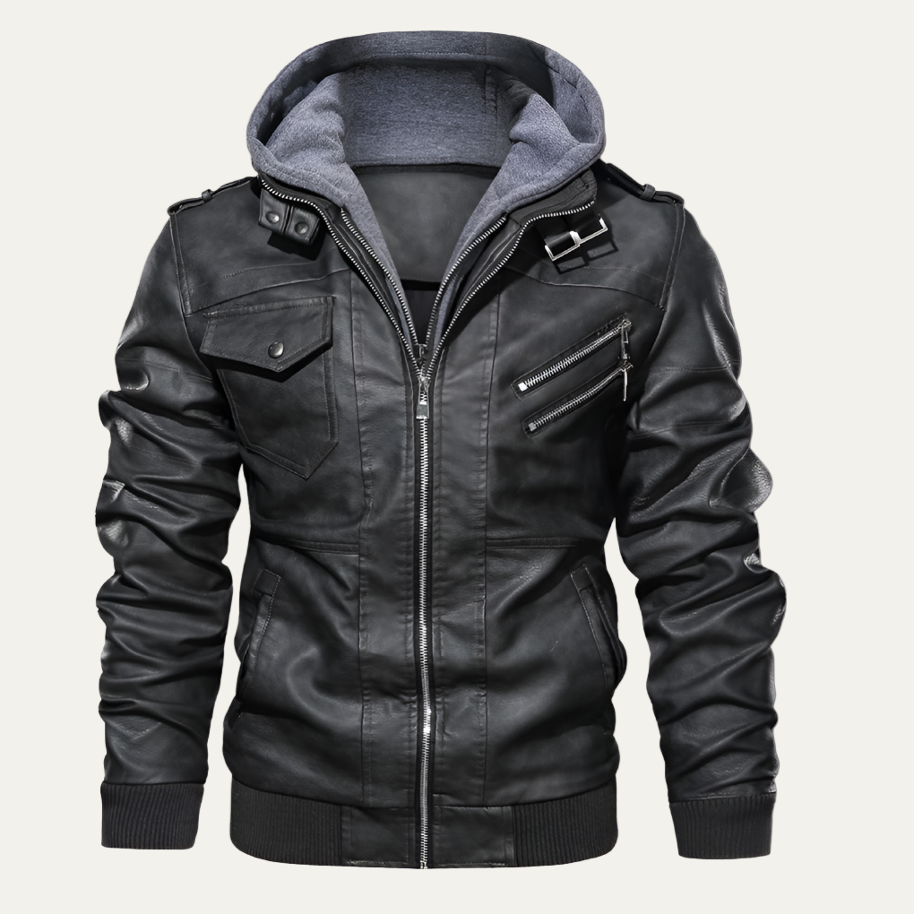 Mens Leather Jacket with Detachable Hood Sleek Fitted - BritishMode