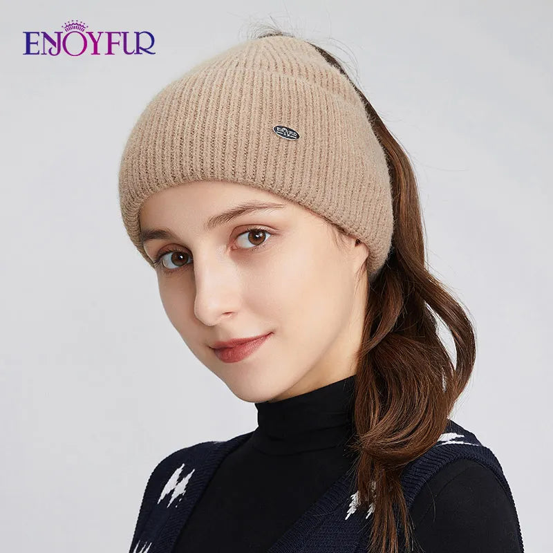 Womens Knitted Ponytail Hat Slouchy Warm
