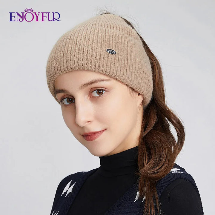 Womens Knitted Ponytail Hat Slouchy Warm