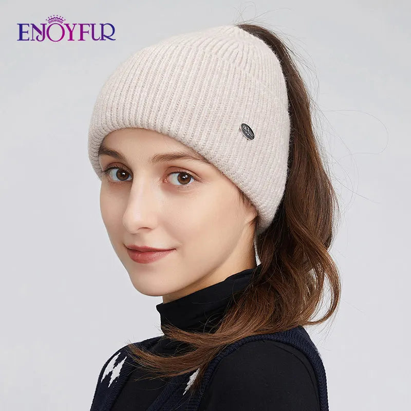 Womens Knitted Ponytail Hat Slouchy Warm