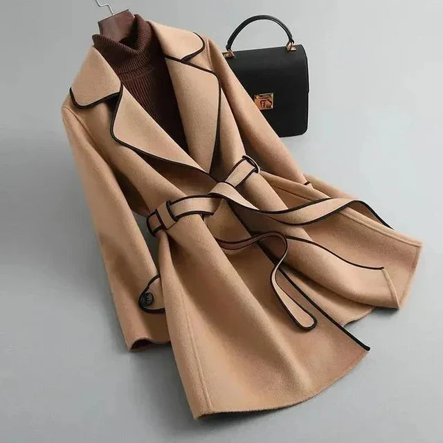 Womens Wool Coat Belted Tailored Wrap Overcoat