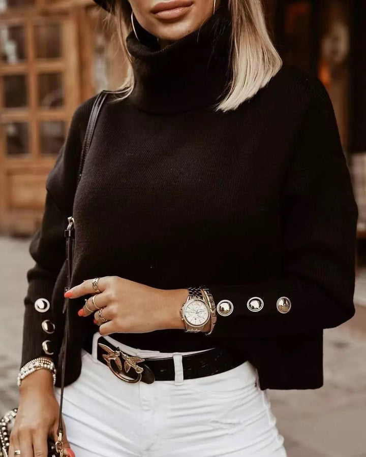 Womens Turtleneck Sweater with Button Sleeve Detail Winter Knit