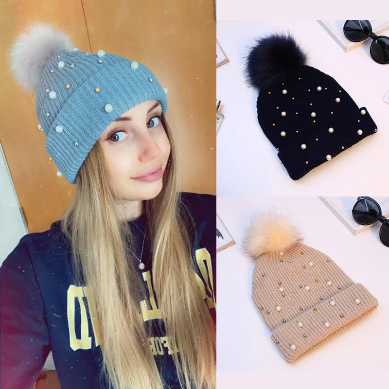 Unisex Winter Knit Hat with Beaded Pom Pom - BritishMode