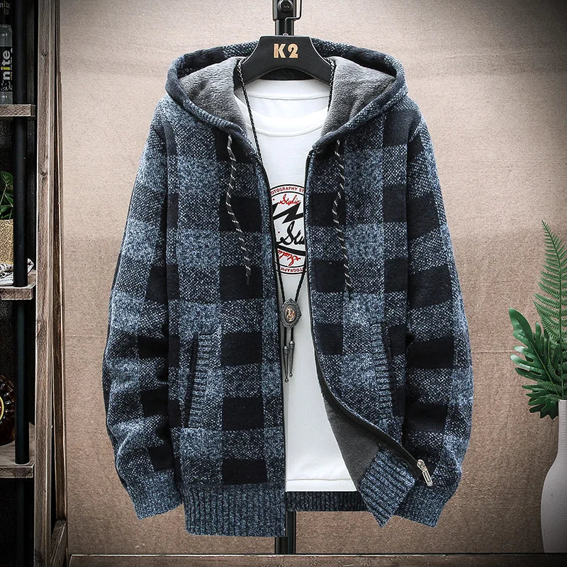 Mens Hooded Winter Jacket Plaid Warm Fit