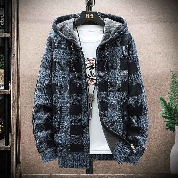 Mens Hooded Winter Jacket Plaid Warm Fit
