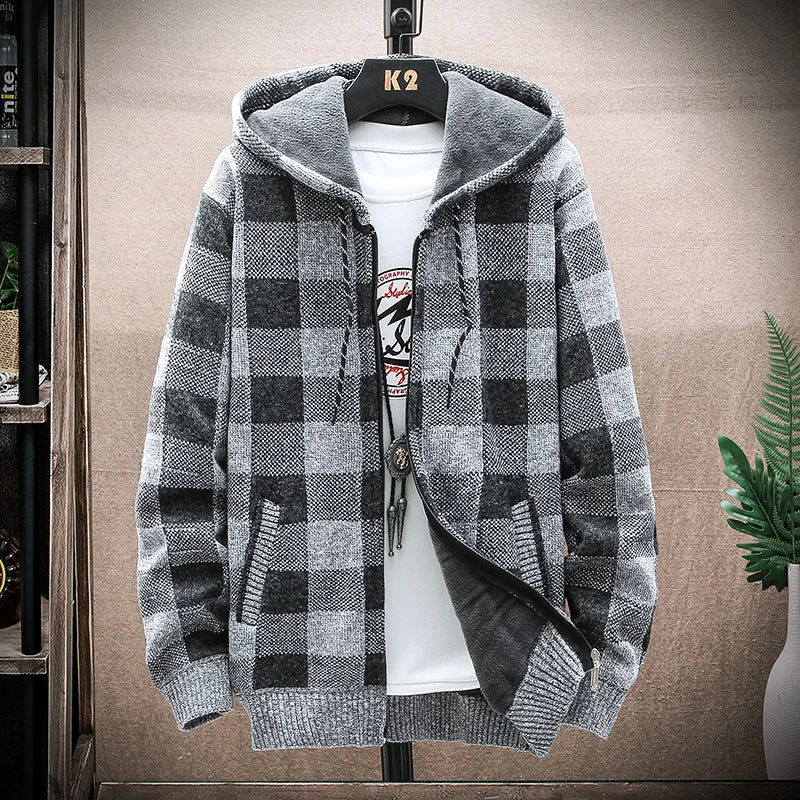 Mens Hooded Winter Jacket Plaid Warm Fit
