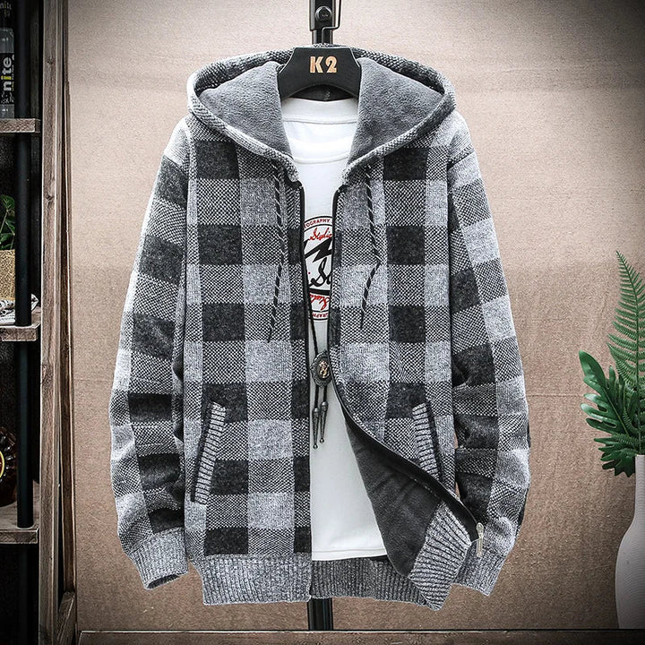 Mens Hooded Winter Jacket Plaid Warm Fit