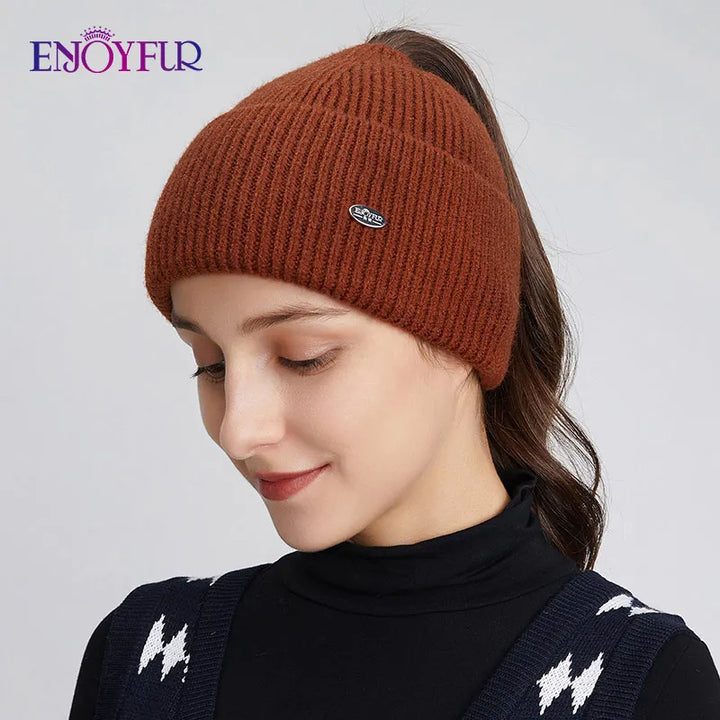 Womens Knitted Ponytail Hat Slouchy Warm