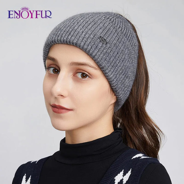 Womens Knitted Ponytail Hat Slouchy Warm