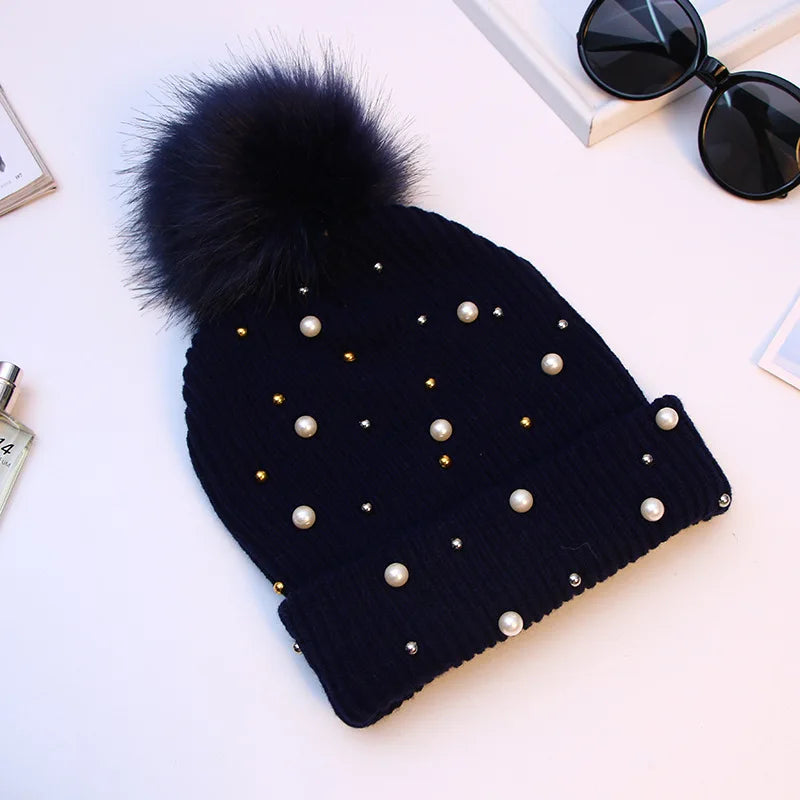 Unisex Winter Knit Hat with Beaded Pom Pom