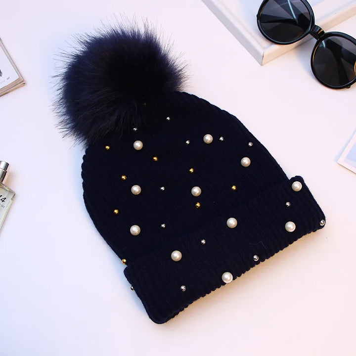 Unisex Winter Knit Hat with Beaded Pom Pom