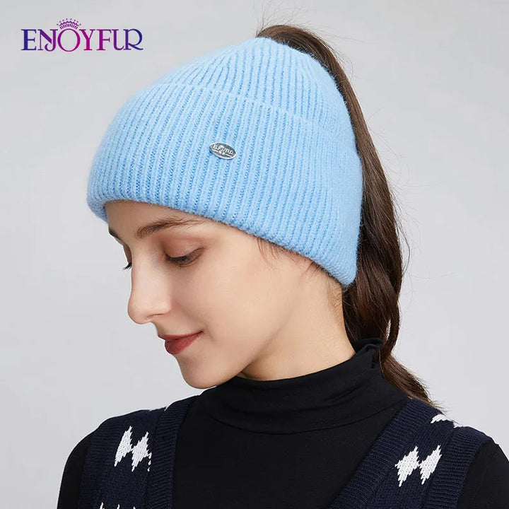 Womens Knitted Ponytail Hat Slouchy Warm