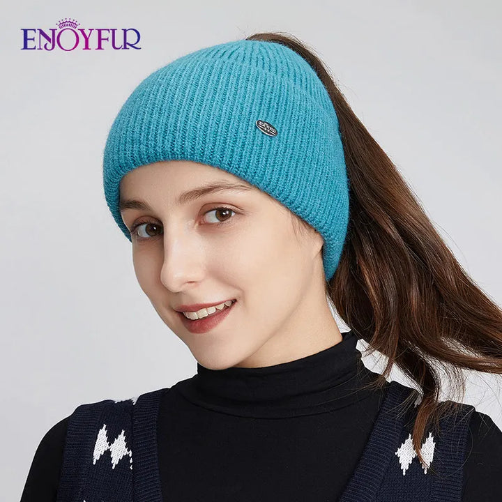 Womens Knitted Ponytail Hat Slouchy Warm
