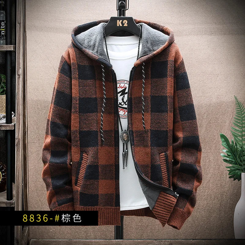 Mens Hooded Winter Jacket Plaid Warm Fit
